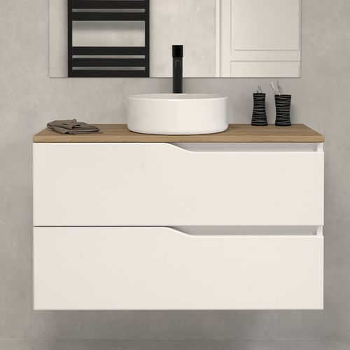 Meuble De Salle De Bain 90cm Avec Plateau Miel Et Vasque à Poser - 2 Tiroirs - Blanc - Luna