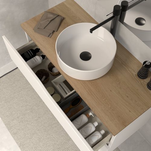 Meuble De Salle De Bain 90cm Avec Plateau Miel Et Cuve - 2 Tiroirs - Sans Miroir - Blanc - Luna