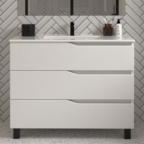 Meuble De Salle De Bain 90cm Simple Vasque - 3 Tiroirs - Blanc - Mata