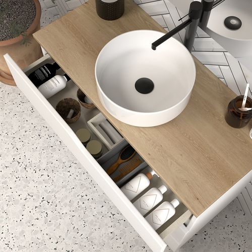 Meuble De Salle De Bain 90cm Avec Plateau Miel Et Vasque à Poser - 3 Tiroirs - Sans Miroir - Blanc