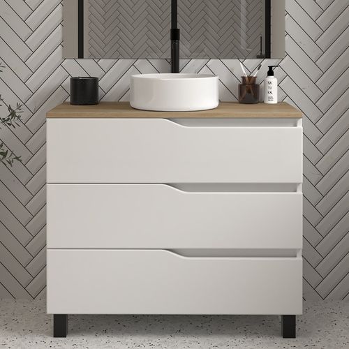 Meuble De Salle De Bain 90cm Avec Plateau Miel Et Vasque à Poser - 3 Tiroirs - Blanc - Mata