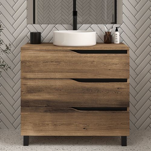 Meuble De Salle De Bain 90cm Avec Plateau Et Vasque à Poser - 3 Tiroirs - Tabaco