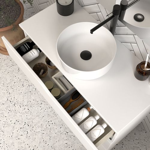 Meuble De Salle De Bain 90cm Avec Plateau Et Vasque à Poser - 3 Tiroirs - Blanc - Mata