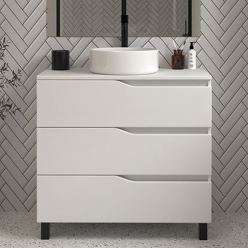 Meuble De Salle De Bain 90cm Avec Plateau Et Vasque à Poser - 3 Tiroirs - Blanc - Mata