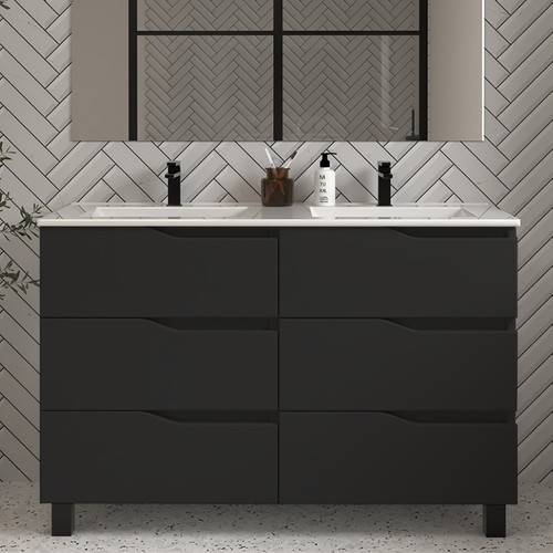 Meuble De Salle De Bain 120cm Double Vasque - 6 Tiroirs - Sans Miroir - Noir - Mata