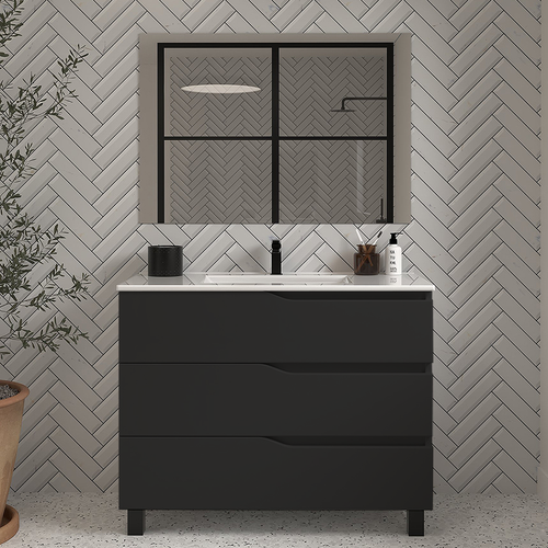 Meuble De Salle De Bain 100cm Simple Vasque - 3 Tiroirs - Noir - Mata