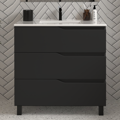 Meuble De Salle De Bain 80cm Simple Vasque - Sans Miroir - 3 Tiroirs - Noir - Mata