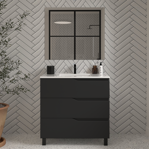 Meuble De Salle De Bain 70cm Simple Vasque - 3 Tiroirs - Noir - Mata