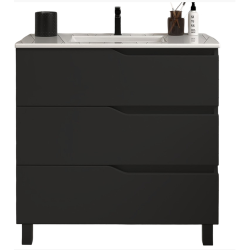 Meuble De Salle De Bain 60cm Simple Vasque - 3 Tiroirs - Sans Miroir - Noir - Mata