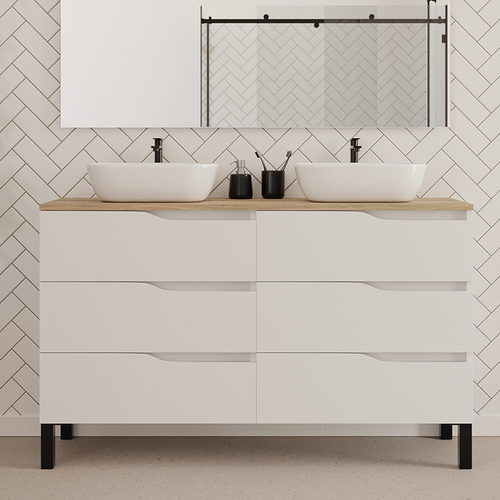 Meuble De Salle De Bain 140cm Avec Plateau Miel Et Cuves - 6 Tiroirs - Blanc - Mata