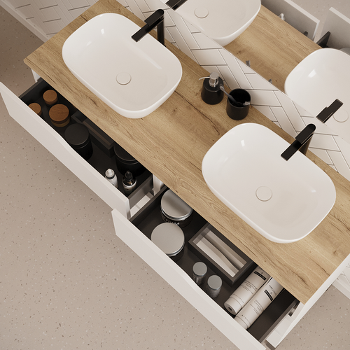 Meuble De Salle De Bain 140cm Avec Plateau Miel Et Cuves - 6 Tiroirs - Blanc - Mata