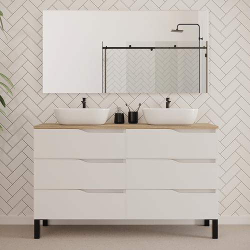 Meuble De Salle De Bain 140cm Avec Plateau Miel Et Cuves - 6 Tiroirs - Blanc - Mata
