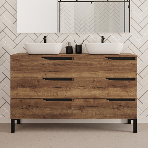 Meuble De Salle De Bain 140cm Avec Plateau Et Cuves - 6 Tiroirs - Tabaco - Mata