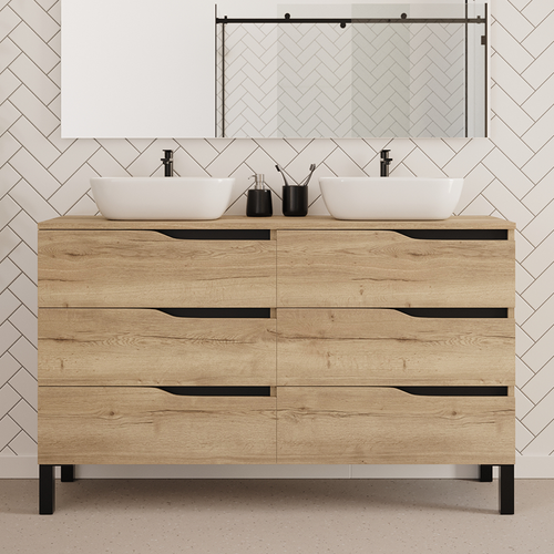 Meuble De Salle De Bain 140cm Avec Plateau Et Cuves - 6 Tiroirs - Chêne Clair - Mata