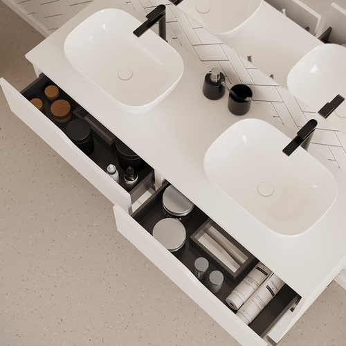 Meuble De Salle De Bain 140cm Avec Plateau Et Cuves - 6 Tiroirs - Blanc - Mata
