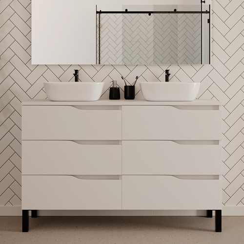 Meuble De Salle De Bain 140cm Avec Plateau Et Cuves - 6 Tiroirs - Blanc - Mata