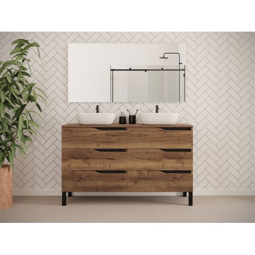 Meuble De Salle De Bain 140cm Avec Plateau Et Cuves - 6 Tiroirs - Sans Miroir - Tabaco - Mata