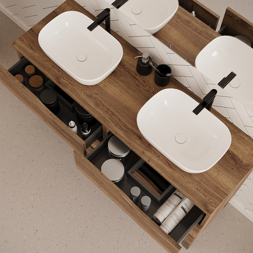 Meuble De Salle De Bain 140cm Avec Plateau Et Cuves - 6 Tiroirs - Sans Miroir - Tabaco - Mata