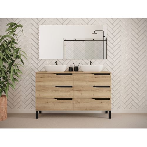 Meuble De Salle De Bain 140cm Avec Plateau Et Cuves - 6 Tiroirs - Sans Miroir - Chêne Clair - Mata