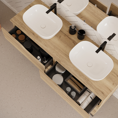 Meuble De Salle De Bain 140cm Avec Plateau Et Cuves - 6 Tiroirs - Sans Miroir - Chêne Clair - Mata