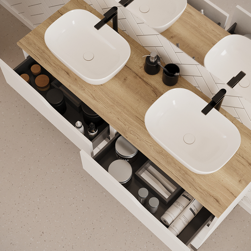 Meuble De Salle De Bain 120cm Avec Plateau Miel Et Cuves - 6 Tiroirs - Blanc - Mata