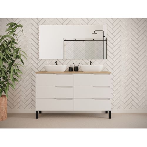 Meuble De Salle De Bain 120cm Avec Plateau Miel Et Cuves - 6 Tiroirs - Blanc - Mata