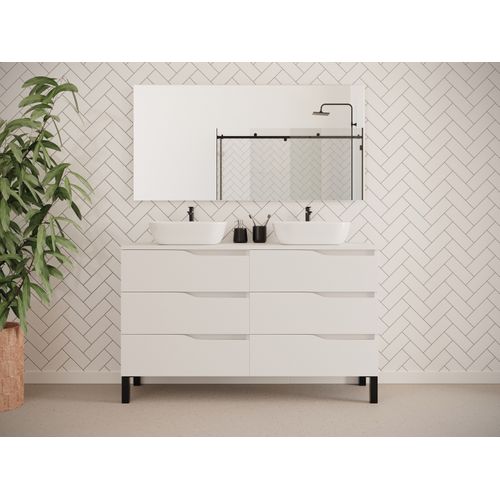 Meuble De Salle De Bain 120cm Avec Plateau Et Vasques à Poser - 6 Tiroirs - Blanc - Mata