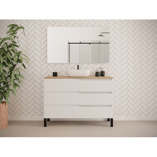 Meuble De Salle De Bain 120cm Avec Plateau Miel Et Cuve - 3 Tiroirs - Sans Miroir - Blanc - Mata
