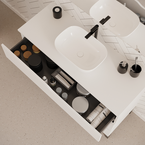 Meuble De Salle De Bain 120cm Avec Plateau Miel Et Cuve - 3 Tiroirs - Sans Miroir - Blanc - Mata