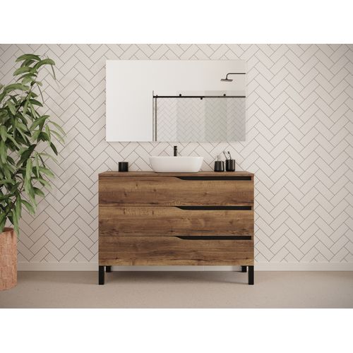 Meuble De Salle De Bain 120cm Avec Plateau Et Cuve - 3 Tiroirs - Sans Miroir - Tabaco - Mata