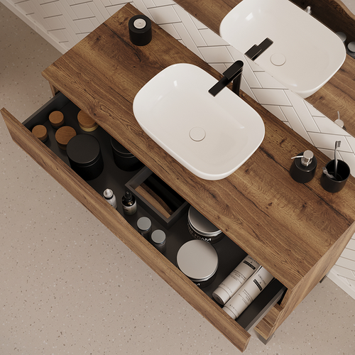 Meuble De Salle De Bain 120cm Avec Plateau Et Cuve - 3 Tiroirs - Sans Miroir - Tabaco - Mata