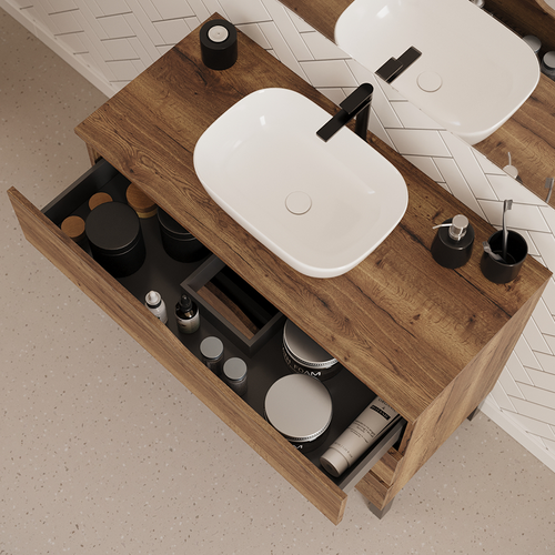 Meuble De Salle De Bain 100cm Avec Plateau Et Cuve - 3 Tiroirs - Sans Miroir - Tabaco - Mata