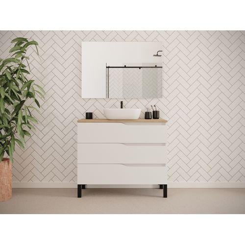 Meuble De Salle De Bain 90cm Avec Plateau Miel Et Cuve - 3 Tiroirs - Blanc - Mata