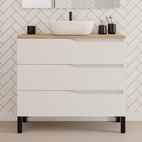 Meuble De Salle De Bain 90cm Avec Plateau Miel Et Cuve - 3 Tiroirs - Blanc - Mata