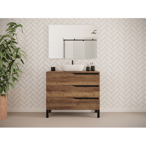 Meuble De Salle De Bain 90cm  Plateau Et Cuve - 3 Tiroirs - Sans Miroir - Tabaco - Mata