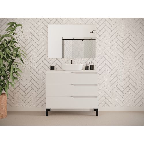 Meuble De Salle De Bain 90cm Avec Plateau Et Cuve - 3 Tiroirs - Sans Miroir - Blanc - Mata