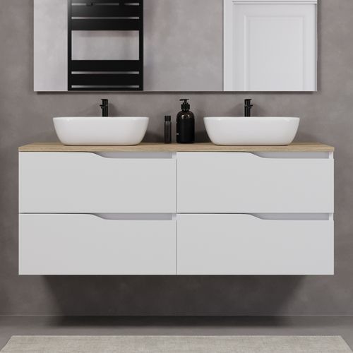 Meuble De Salle De Bain 140cm Avec Plateau Miel Et Cuves - 4 Tiroirs - Blanc - Luna