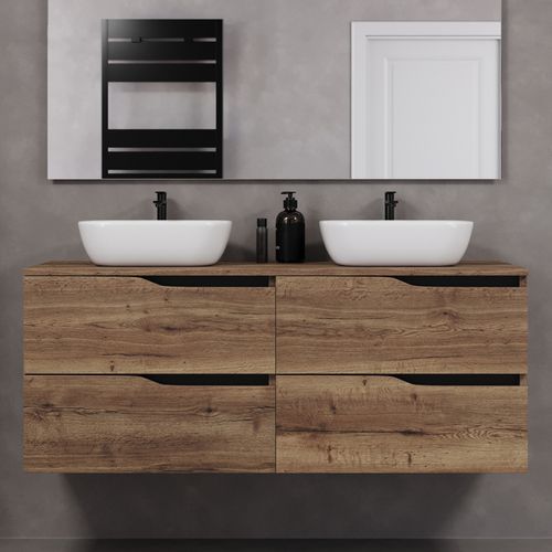 Meuble De Salle De Bain 140cm Avec Plateau Et Cuves - 4 Tiroirs - Tabaco - Luna