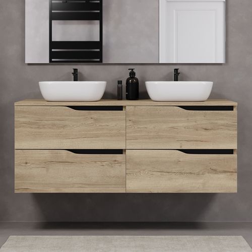 Meuble De Salle De Bain 140cm Avec Plateau Et Cuves - 4 Tiroirs - Chêne Clair - Luna