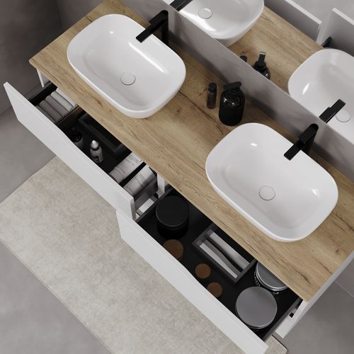 Meuble De Salle De Bain 140cm Avec Plateau Miel Et Cuves - 4 Tiroirs - Sans Miroir - Blanc - Luna