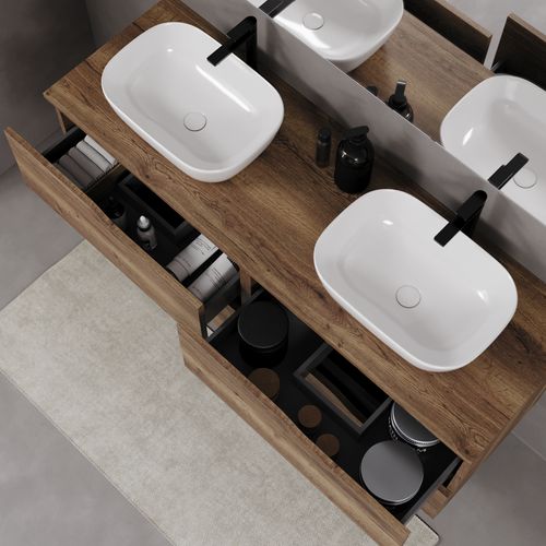 Meuble De Salle De Bain 140cm Avec Plateau Et Vasques à Poser - 4 Tiroirs - Tabaco - Luna