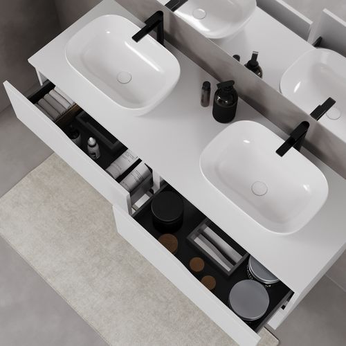 Meuble De Salle De Bain 140cm Avec Plateau Et Vasques à Poser - 4 Tiroirs - Blanc - Luna
