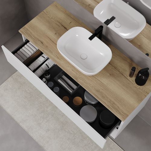Meuble De Salle De Bain 120cm Avec Plateau Miel Et Cuve - 2 Tiroirs - Sans Miroir - Blanc - Luna