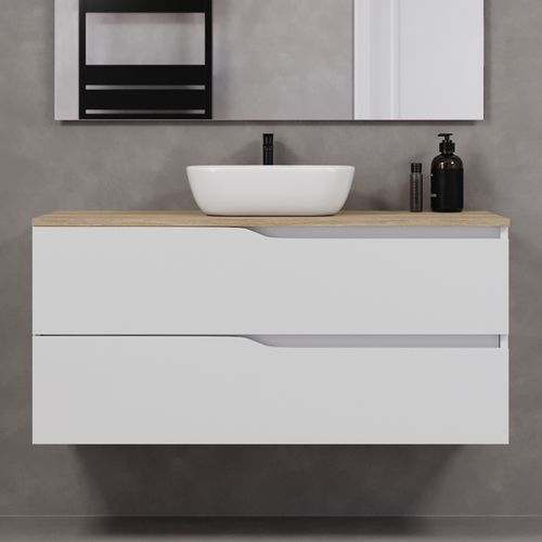Meuble De Salle De Bain 120cm Avec Plateau Miel Et Cuve - 2 Tiroirs - Sans Miroir - Blanc - Luna