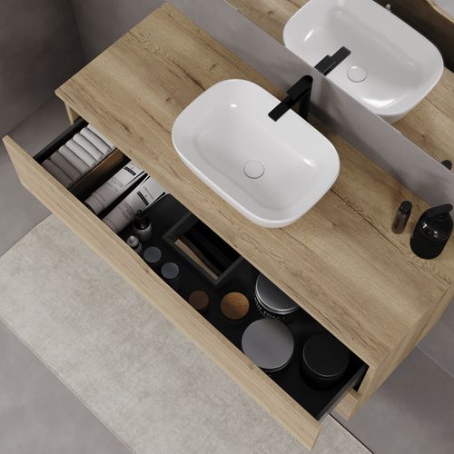 Meuble De Salle De Bain 120cm Avec Plateau Et Cuve - 2 Tiroirs - Sans Miroir - Chêne Clair - Luna