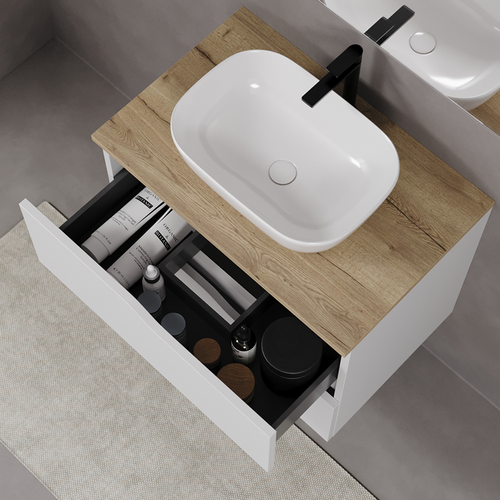 Meuble De Salle De Bain 100cm Avec Plateau Miel Et Cuve - 2 Tiroirs - Sans Miroir - Blanc - Luna