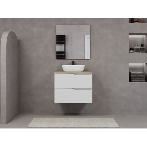 Meuble De Salle De Bain 100cm Avec Plateau Miel Et Cuve - 2 Tiroirs - Sans Miroir - Blanc - Luna