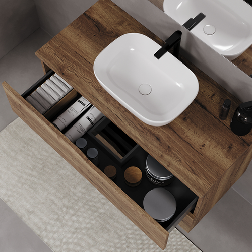 Meuble De Salle De Bain 100cm Avec Plateau Et Cuve - 2 Tiroirs - Sans Miroir - Tabaco - Luna