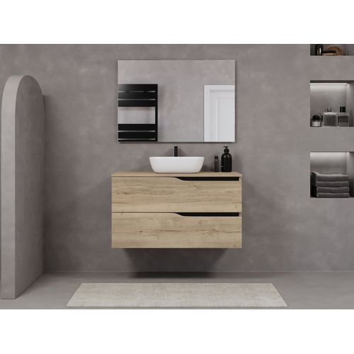 Meuble De Salle De Bain 100cm Avec Plateau Et Cuve - 2 Tiroirs - Sans Miroir - Chêne Clair - Luna