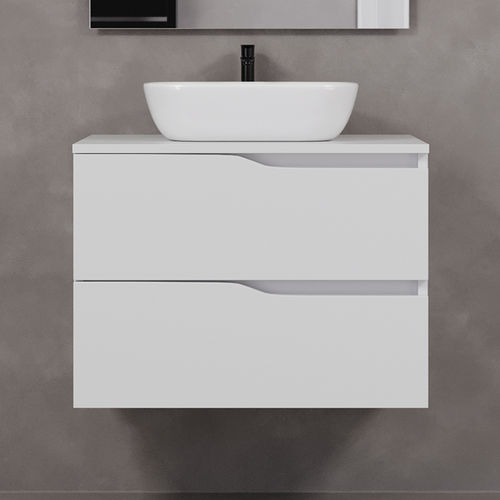 Meuble De Salle De Bain 90cm Avec Plateau Miel Et Cuve - 2 Tiroirs - Blanc - Luna